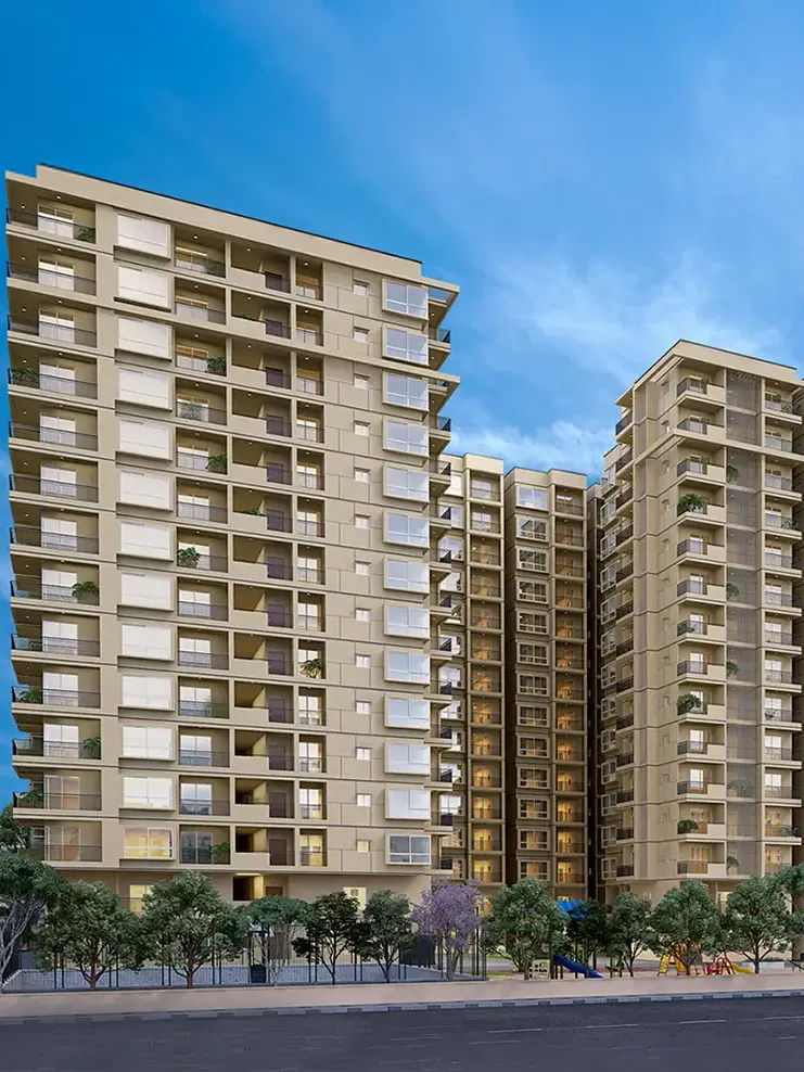 Apartment towers of DS Max Sky Fields against a blue sky