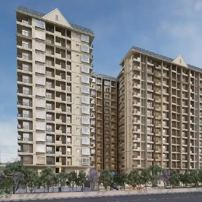 Two apartment towers with gabled crowns over a landscaped edge at DS Max Sky Fields