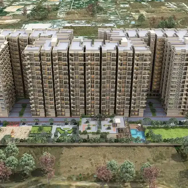 An aerial view of the towers, the podium gardens and a pool at DS Max Sky Fields