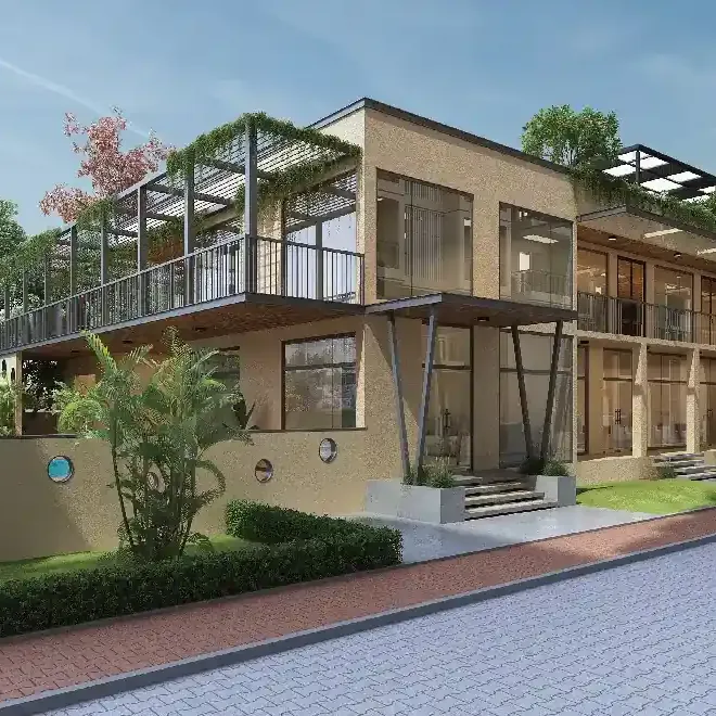 The clubhouse with a planted terrace and porthole windows at DS Max Sky Fields