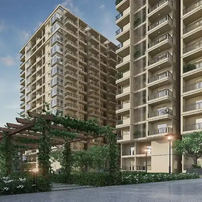 A timber pergola walk among gardens below the towers of DS Max Sky Fields