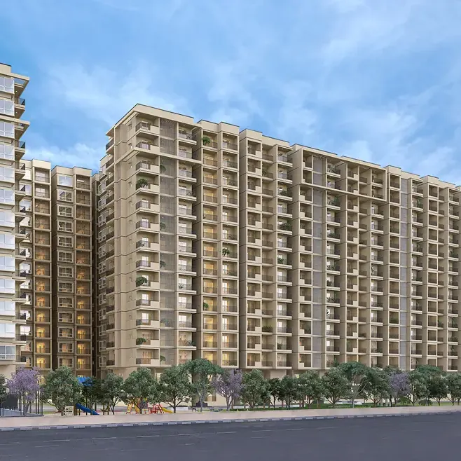 A long apartment block above a tree-lined road at DS Max Sky Fields