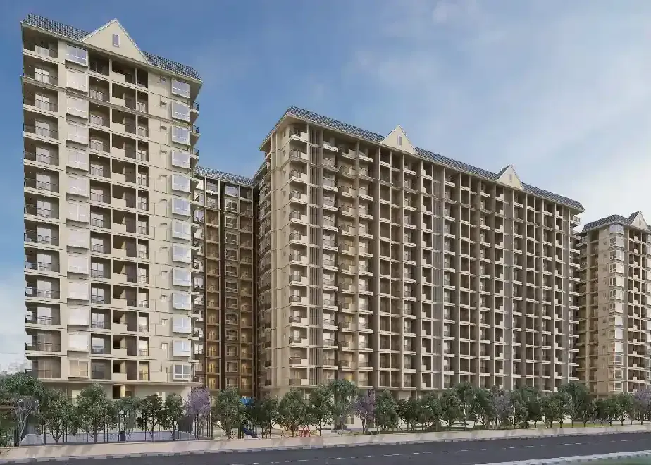 Warm-toned apartment towers with gabled crowns above a tree-lined road at DS Max Sky Fields